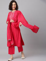 Thumbnail for Khushal K Notched Neck Gotta Patti Mirror Work Straight Kurta with Palazzos & Dupatta - Distacart