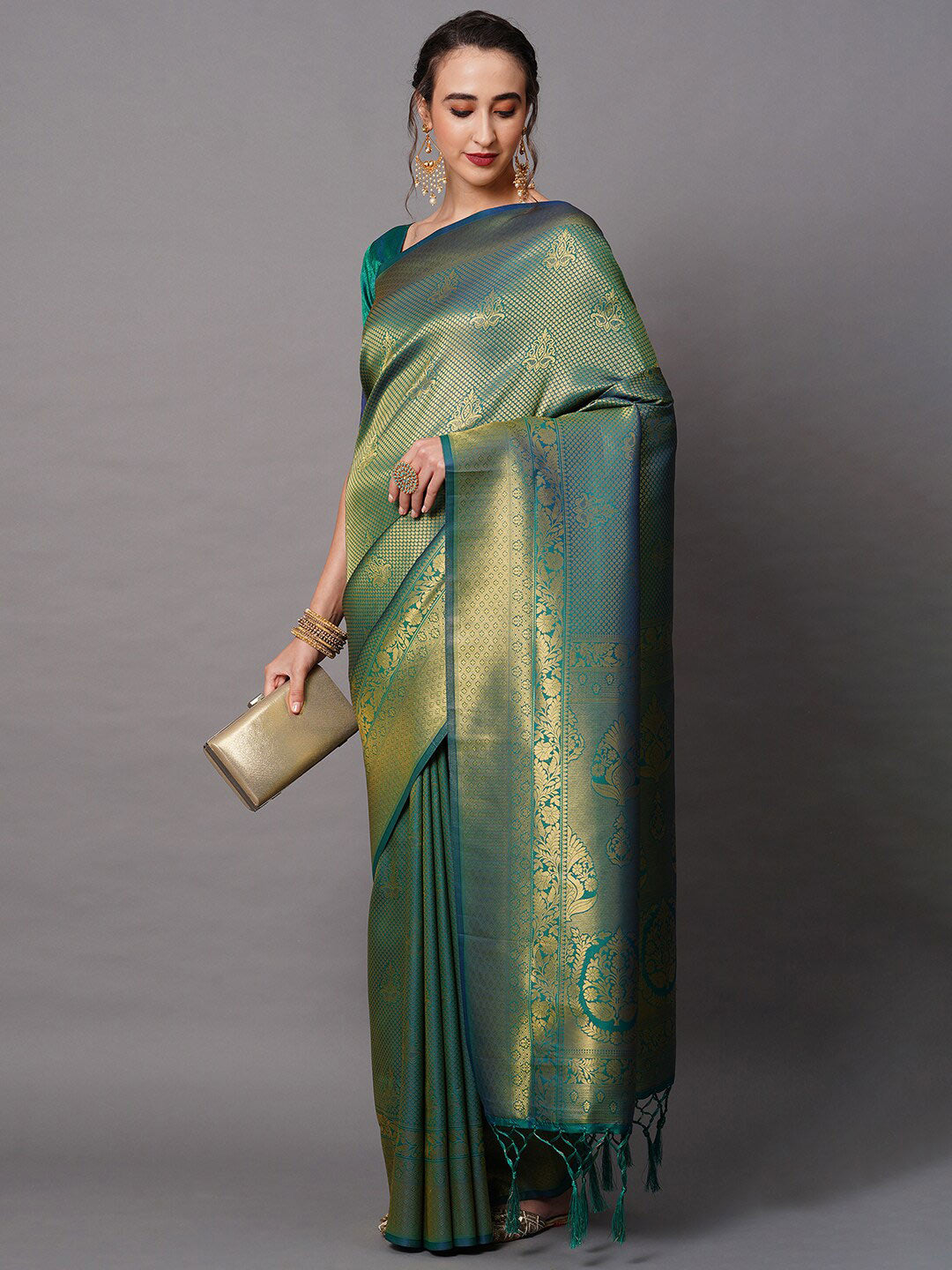 Mitera Teal & Gold-Toned Woven Design Zari Silk Blend Banarasi Saree - Distacart