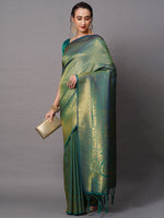 Thumbnail for Mitera Teal & Gold-Toned Woven Design Zari Silk Blend Banarasi Saree - Distacart