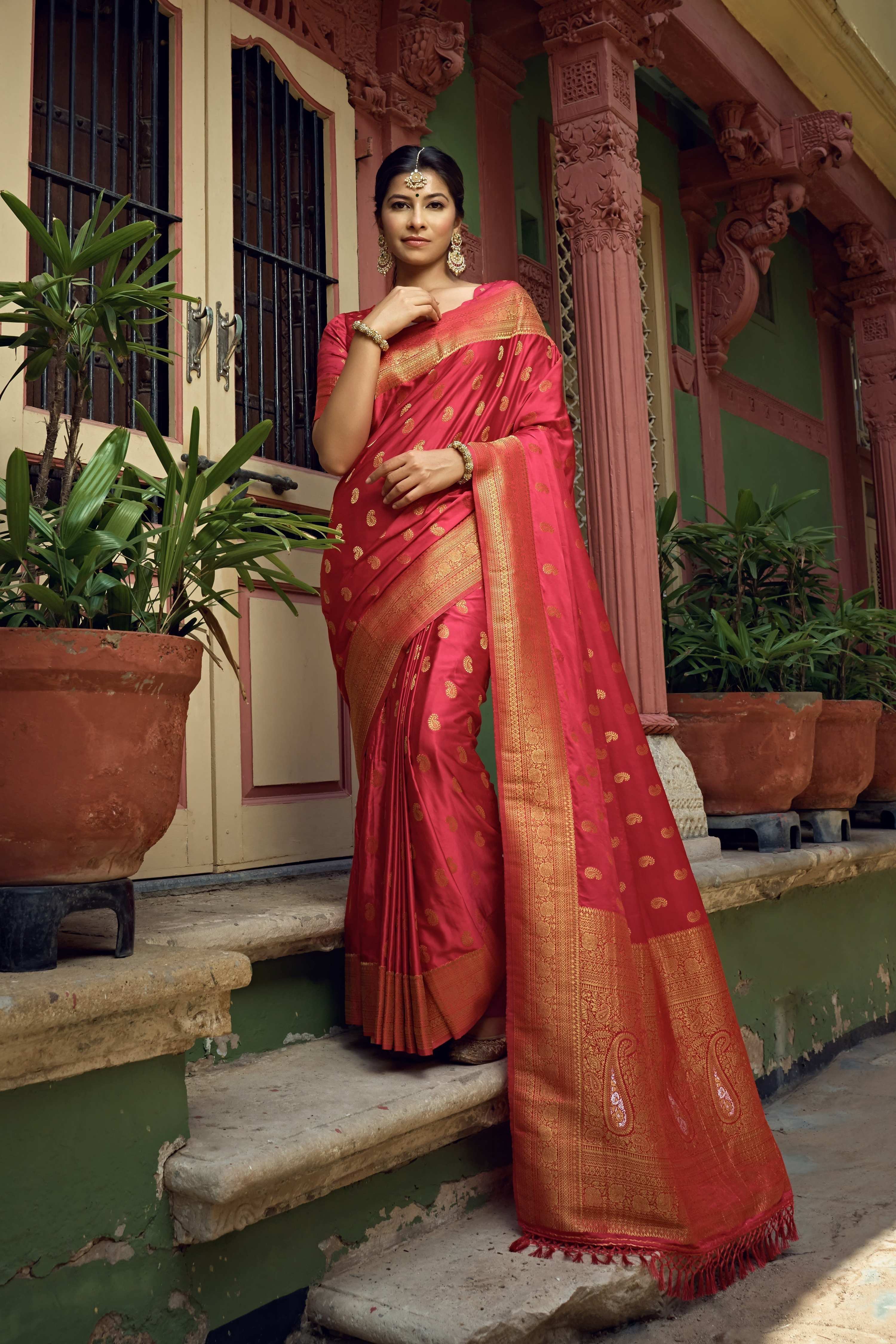 Vardha Candy Apple Red Golden Zari Banarasi Satin Silk Saree