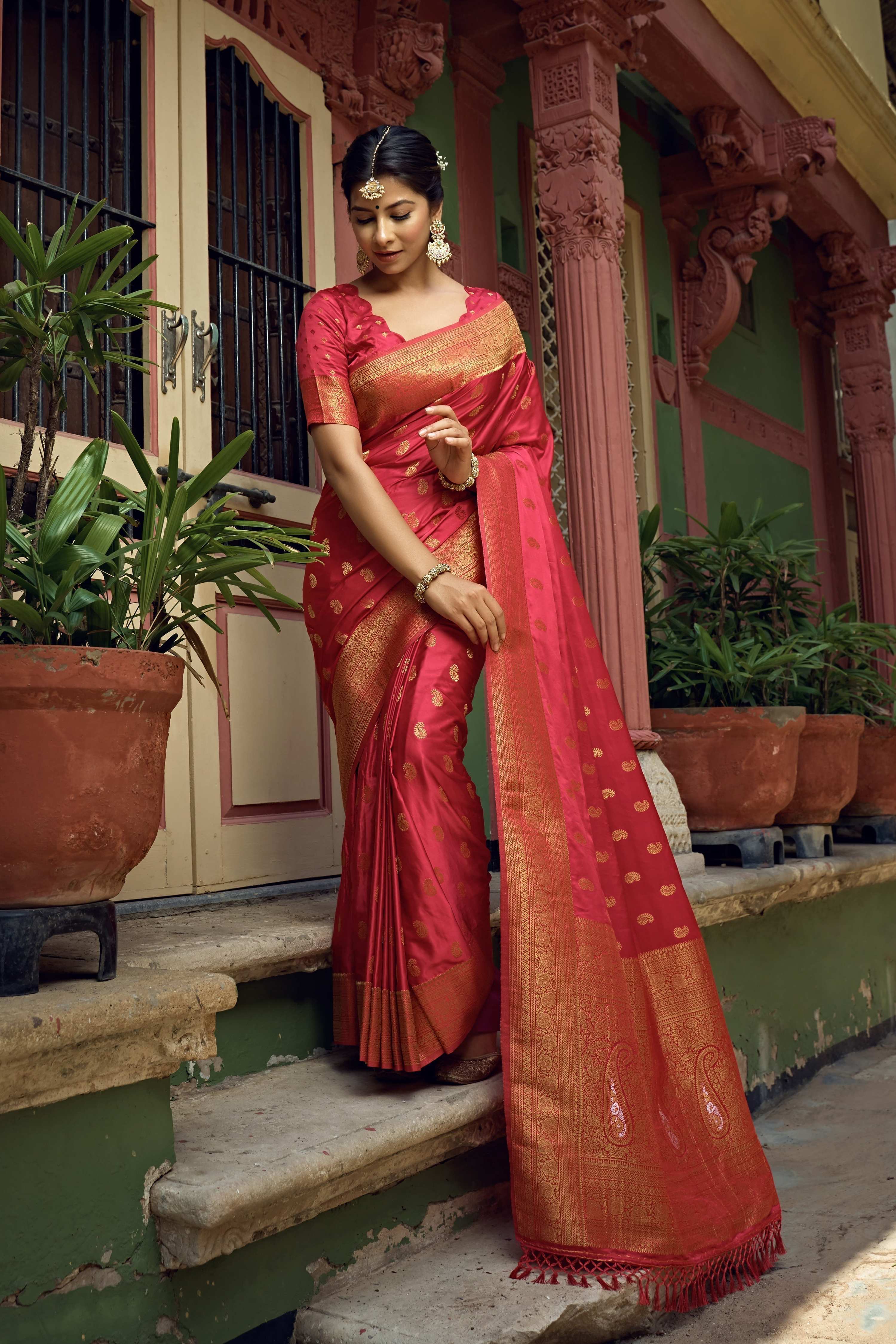 Vardha Candy Apple Red Golden Zari Banarasi Satin Silk Saree