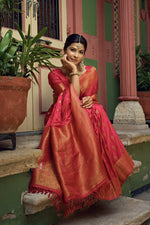 Thumbnail for Vardha Candy Apple Red Golden Zari Banarasi Satin Silk Saree