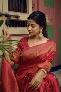 Thumbnail for Vardha Candy Apple Red Golden Zari Banarasi Satin Silk Saree
