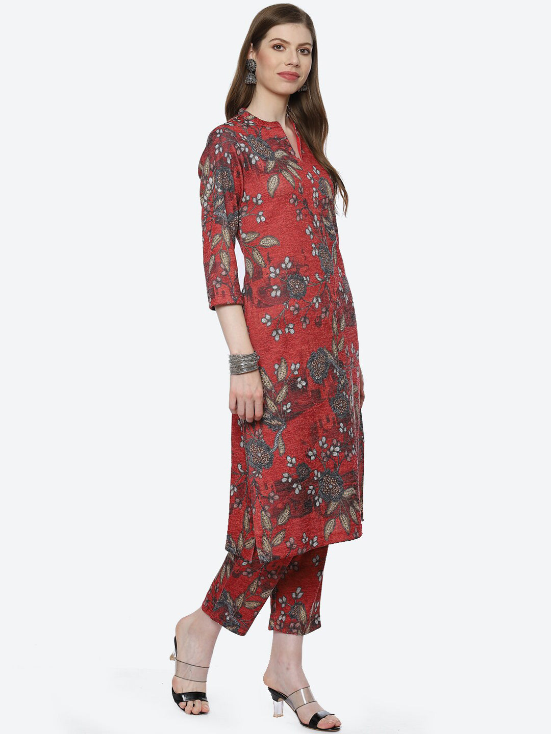 Biba Women Maroon Floral Printed Kurta with Trousers - Distacart