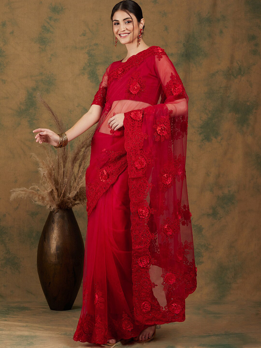 Sangria Red Floral Embroidered Saree - Distacart