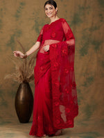 Thumbnail for Sangria Red Floral Embroidered Saree - Distacart