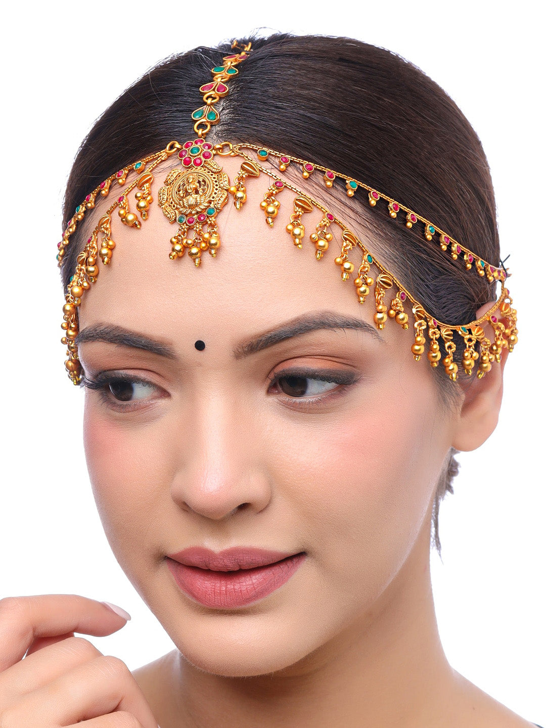 Yellow Chimes Gold-Plated Pink & Green Stone Studded Ghungroo Beaded Mathapatti - Distacart