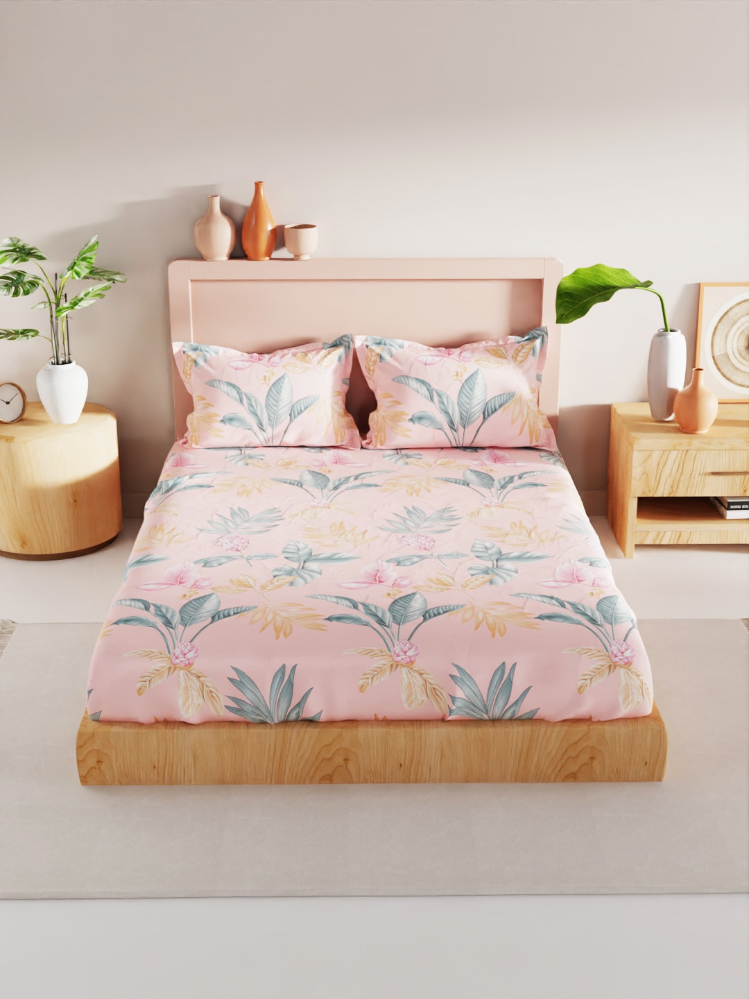 BIANCA Coral & Orange Floral 186 TC King Bedsheet with 2 Pillow Covers - Distacart