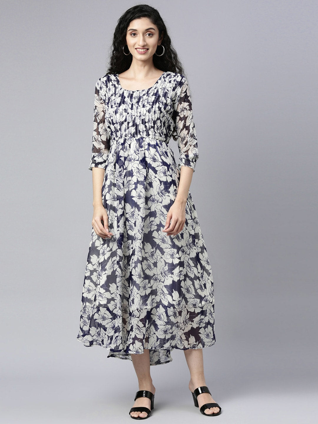 Souchii White Floral Layered Chiffon Empire Midi Dress - Distacart