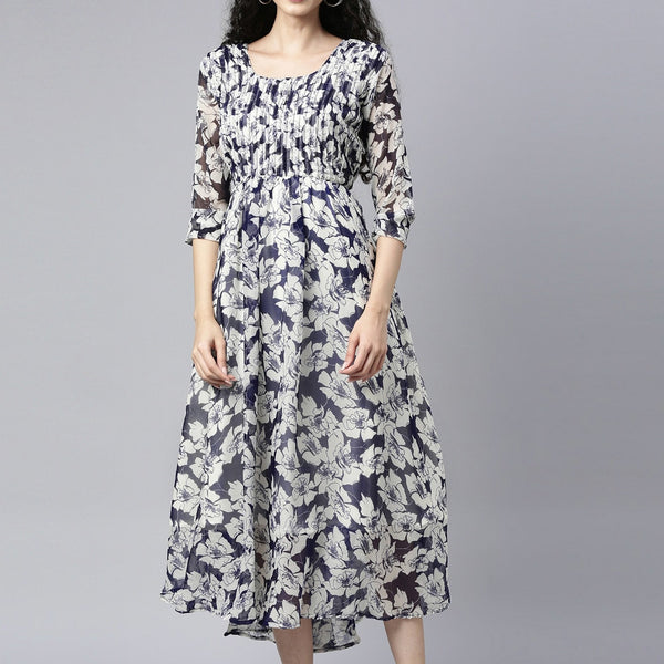 Souchii White Floral Layered Chiffon Empire Midi Dress - Distacart