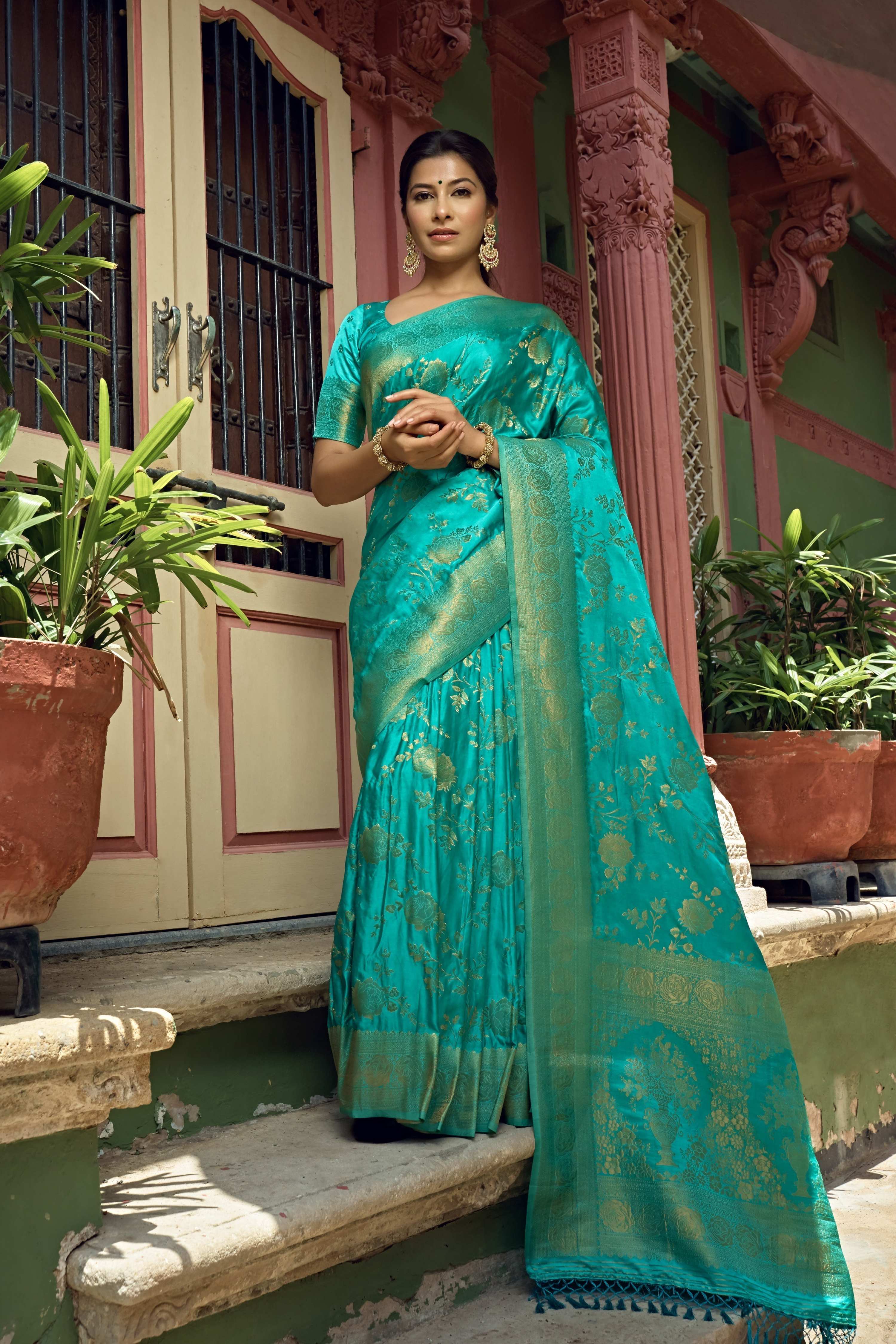 Vardha Turquoise Blue Golden Zari Banarasi Satin Silk Saree