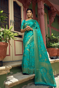 Thumbnail for Vardha Turquoise Blue Golden Zari Banarasi Satin Silk Saree