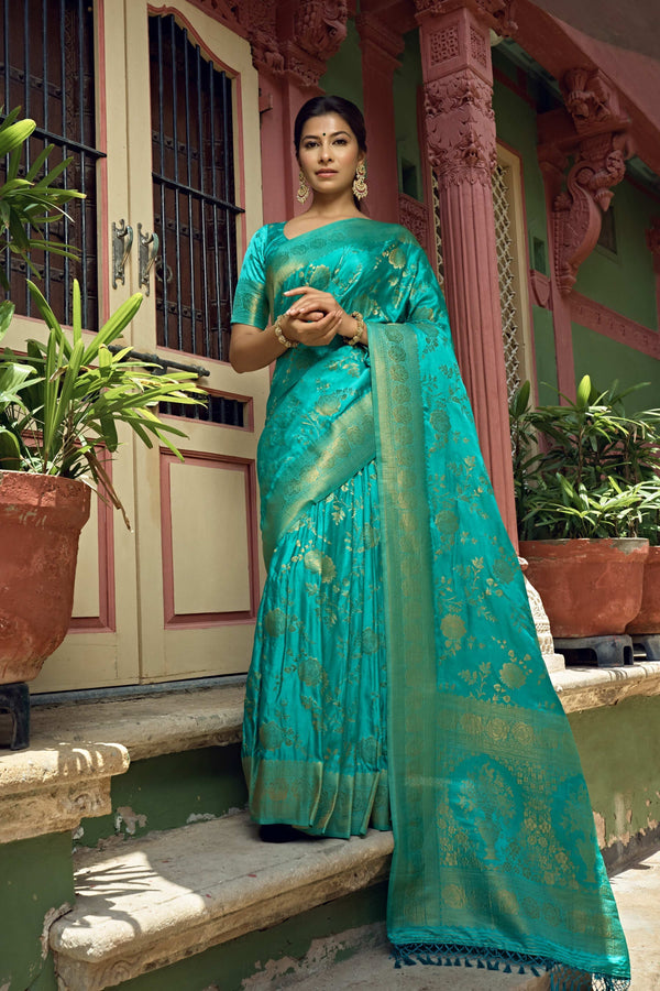 Vardha Turquoise Blue Golden Zari Banarasi Satin Silk Saree