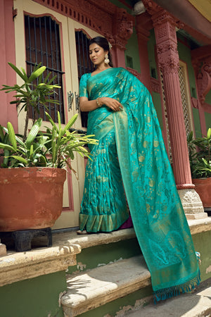 Vardha Turquoise Blue Golden Zari Banarasi Satin Silk Saree