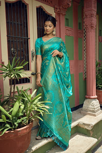Thumbnail for Vardha Turquoise Blue Golden Zari Banarasi Satin Silk Saree