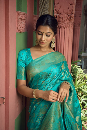 Vardha Turquoise Blue Golden Zari Banarasi Satin Silk Saree