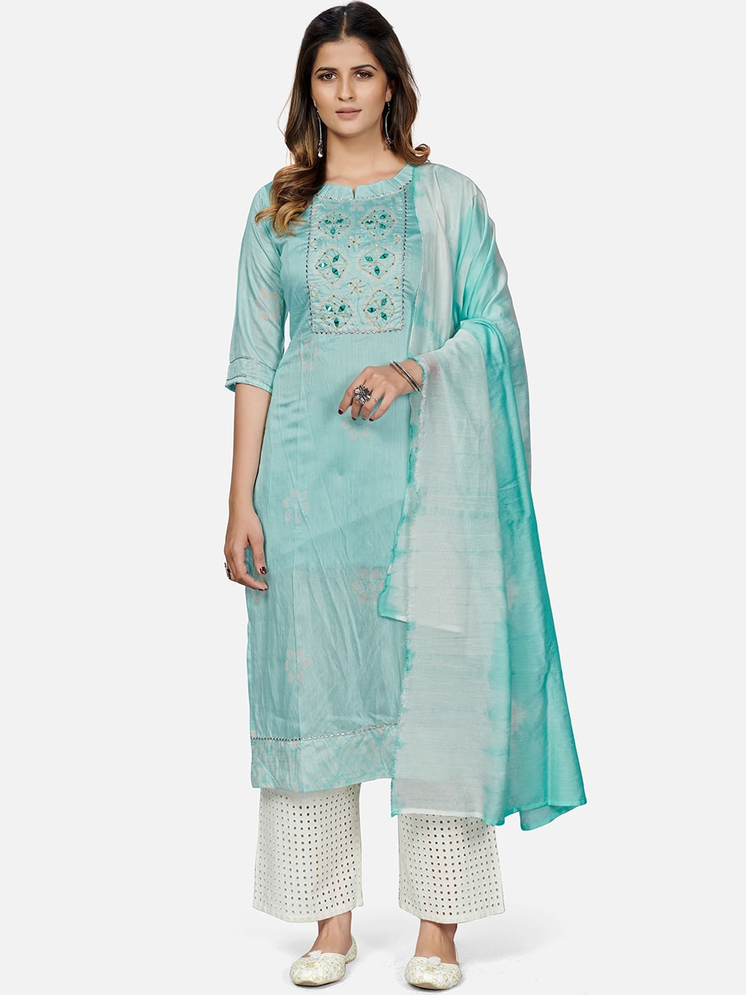 Kalini Batik Print Straight Chanderi Stitched Kurta With Dupatta - Distacart