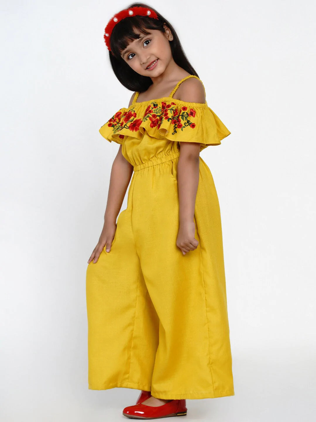 NOZ2TOZ Mustard & Red Basic Jumpsuit with Embroidered For Girls - Distacart