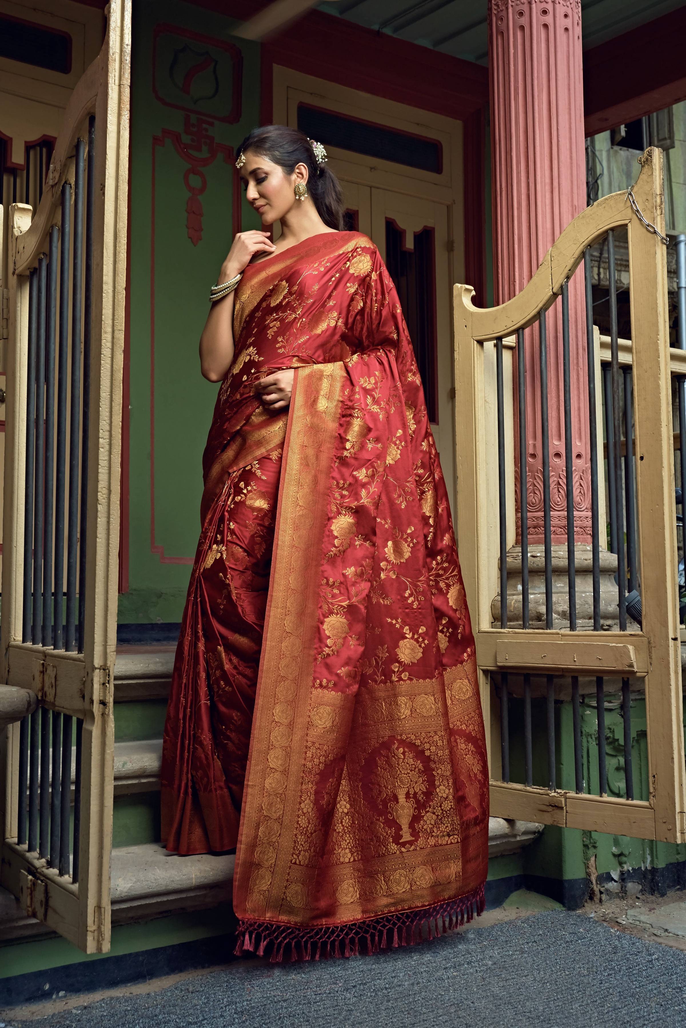 Vardha Ruby Red Golden Zari Banarasi Satin Silk Saree