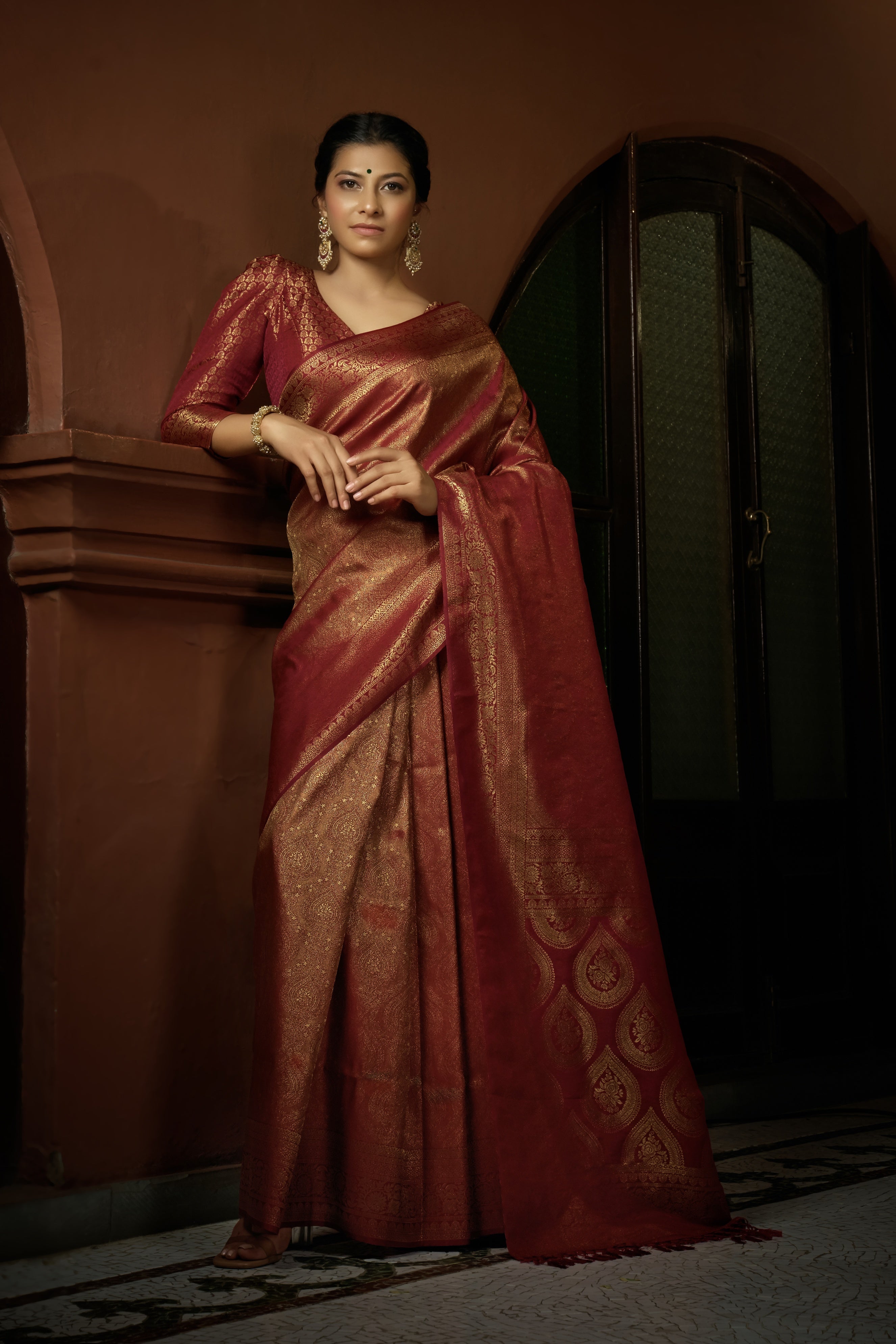 Vardha Carnelian Maroon Golden Zari Kanjeevaram Silk Saree