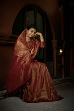 Thumbnail for Vardha Carnelian Maroon Golden Zari Kanjeevaram Silk Saree