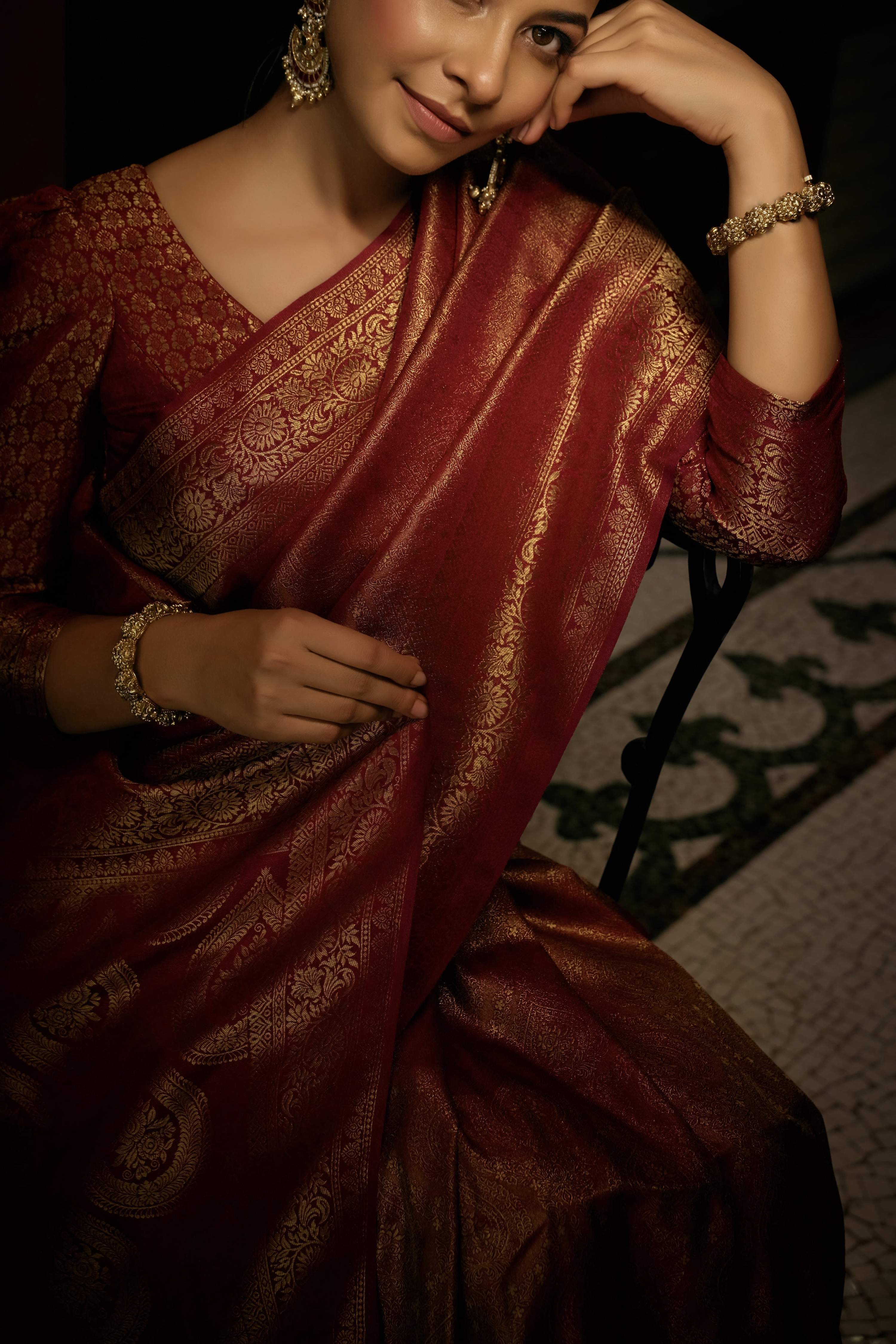 Vardha Carnelian Maroon Golden Zari Kanjeevaram Silk Saree