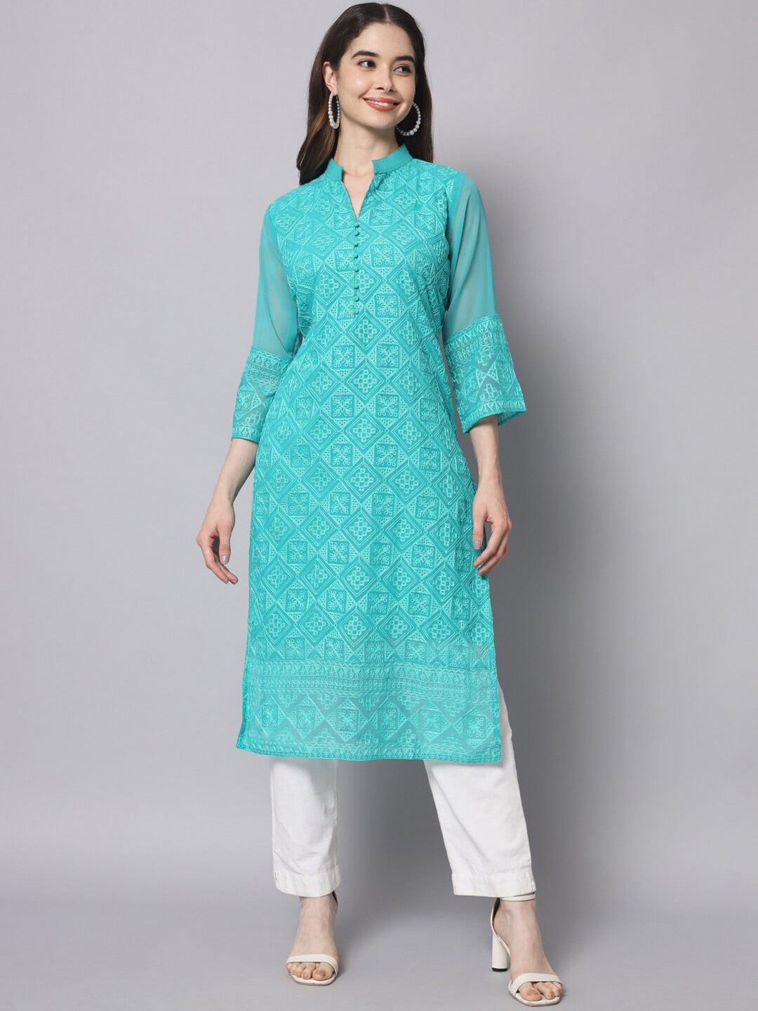 HERE&NOW Women Turquoise Blue Ethnic Motifs Embroidered Thread Work Georgette Kurta - Distacart