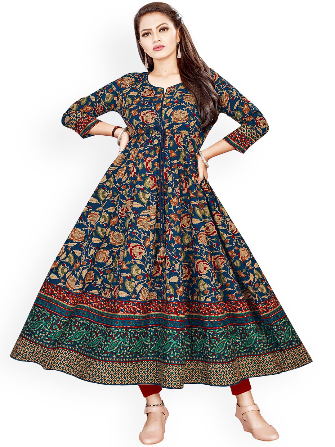 Kalini Women Navy Blue & Beige Ethnic Motifs Printed Anarkali Kurta with Tie-Ups - Distacart