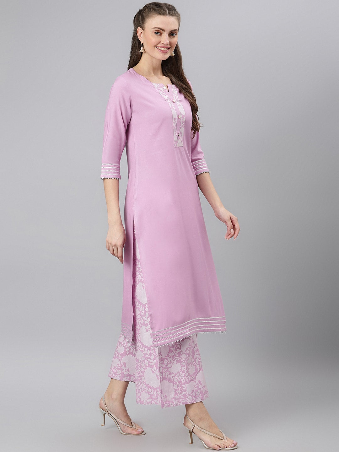 Khushal K Women Lavender Printed Kurta with Palazzos - Distacart