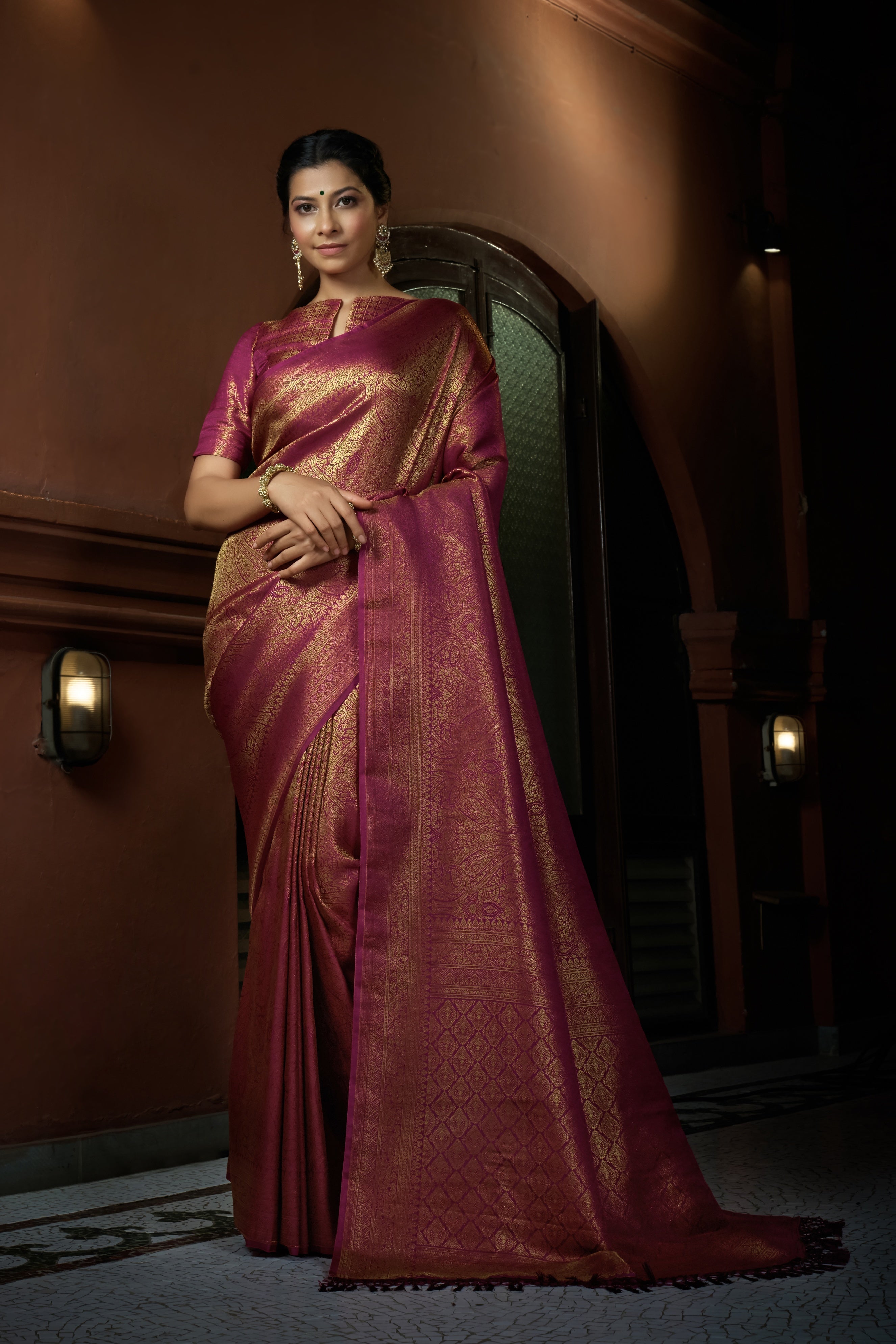 Vardha Barbie Pink Golden Zari Kanjeevaram Silk Saree