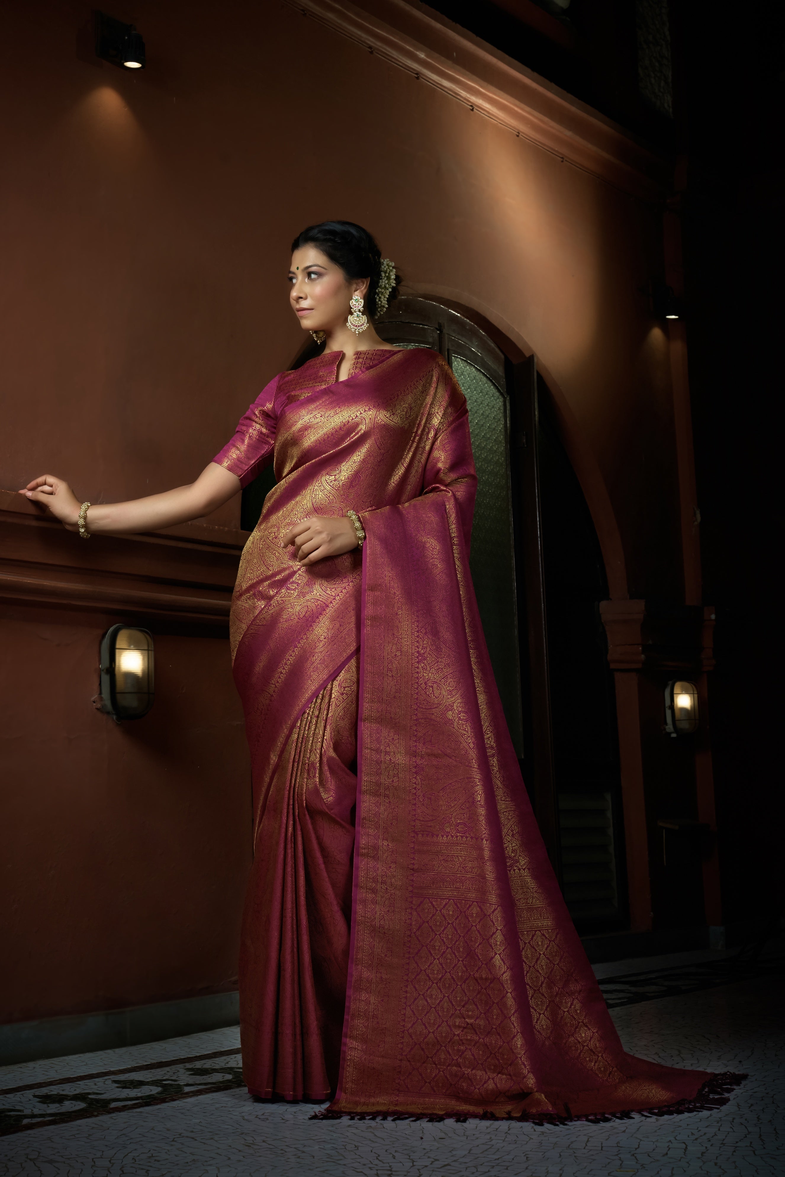 Vardha Barbie Pink Golden Zari Kanjeevaram Silk Saree