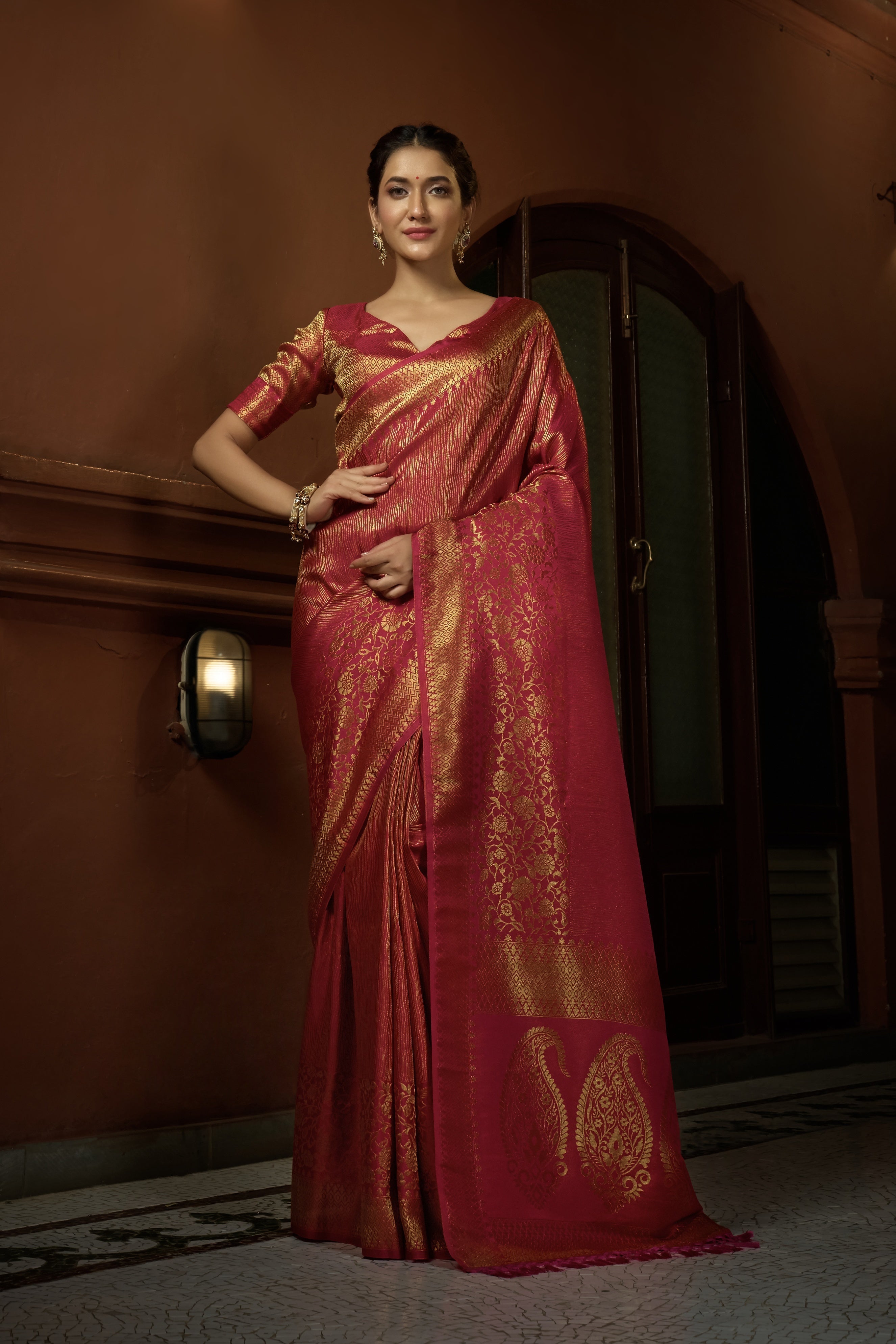 Vardha Carmine Red Golden Zari Kanjeevaram Silk Saree