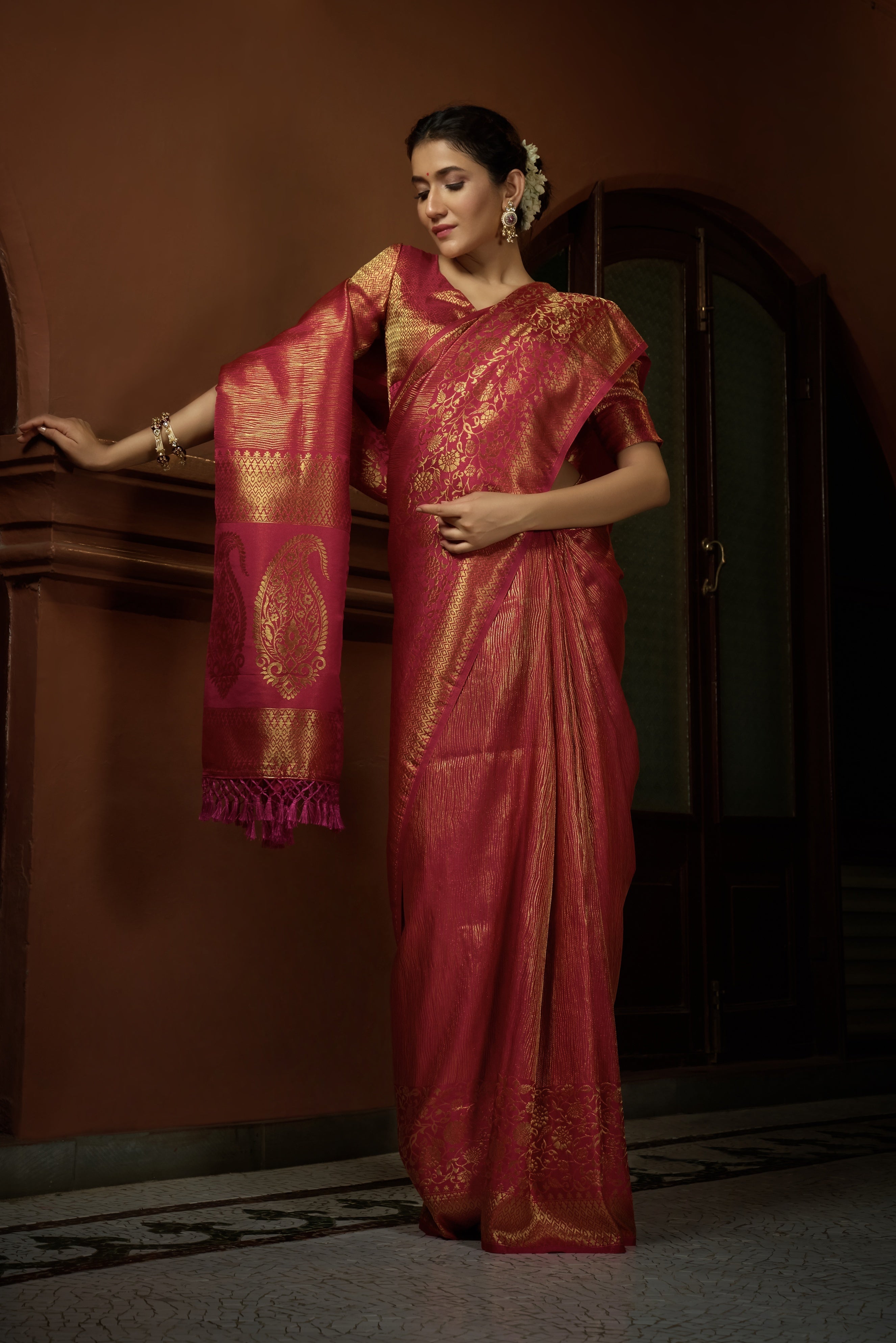 Vardha Carmine Red Golden Zari Kanjeevaram Silk Saree