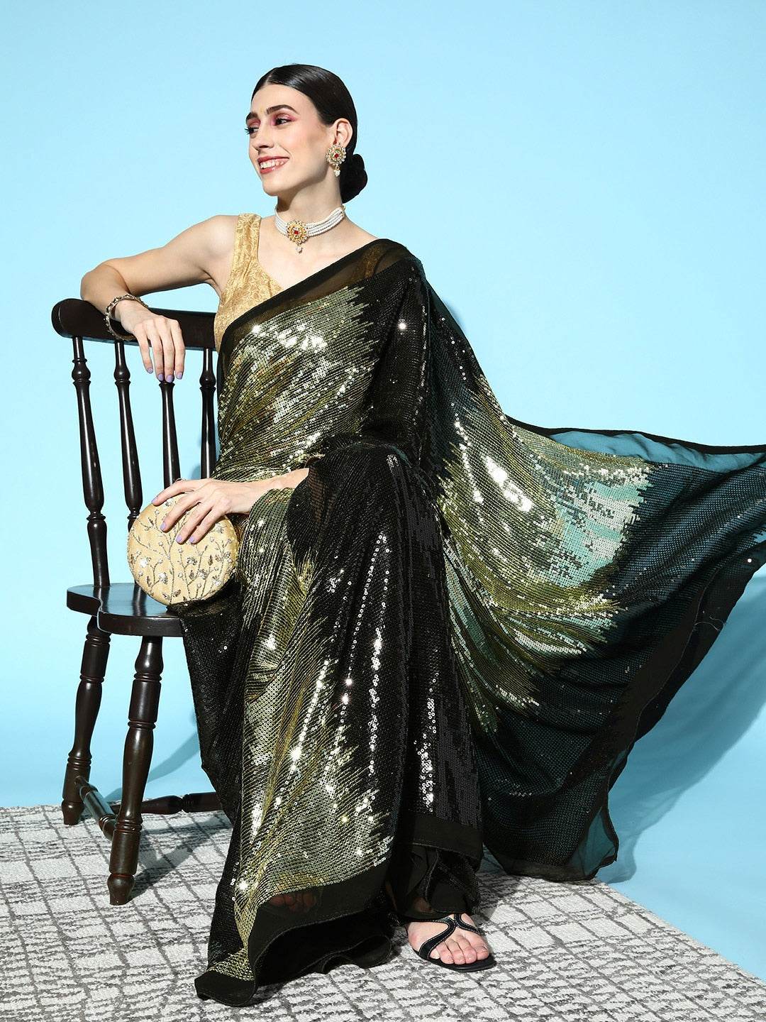 Mitera Black & Golden Embellished Sequinned Saree - Distacart