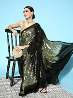 Thumbnail for Mitera Black & Golden Embellished Sequinned Saree - Distacart