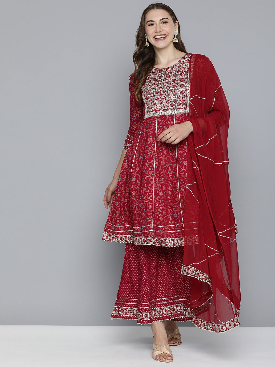 HERE&NOW Women Embroidered Gotta Patti Pure Cotton Kurta With Sharara With Dupatta - Distacart