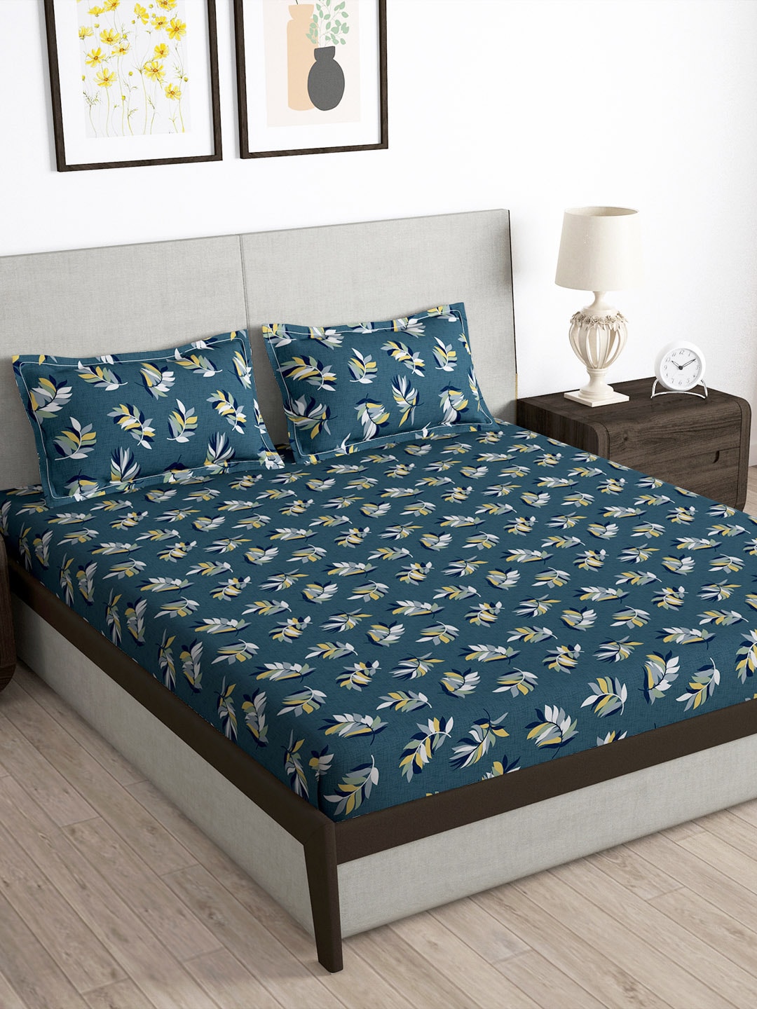 Story@home Arena Grey & Yellow Floral Printed 180 TC Queen Bedsheet & 2 Pillow Covers - Distacart
