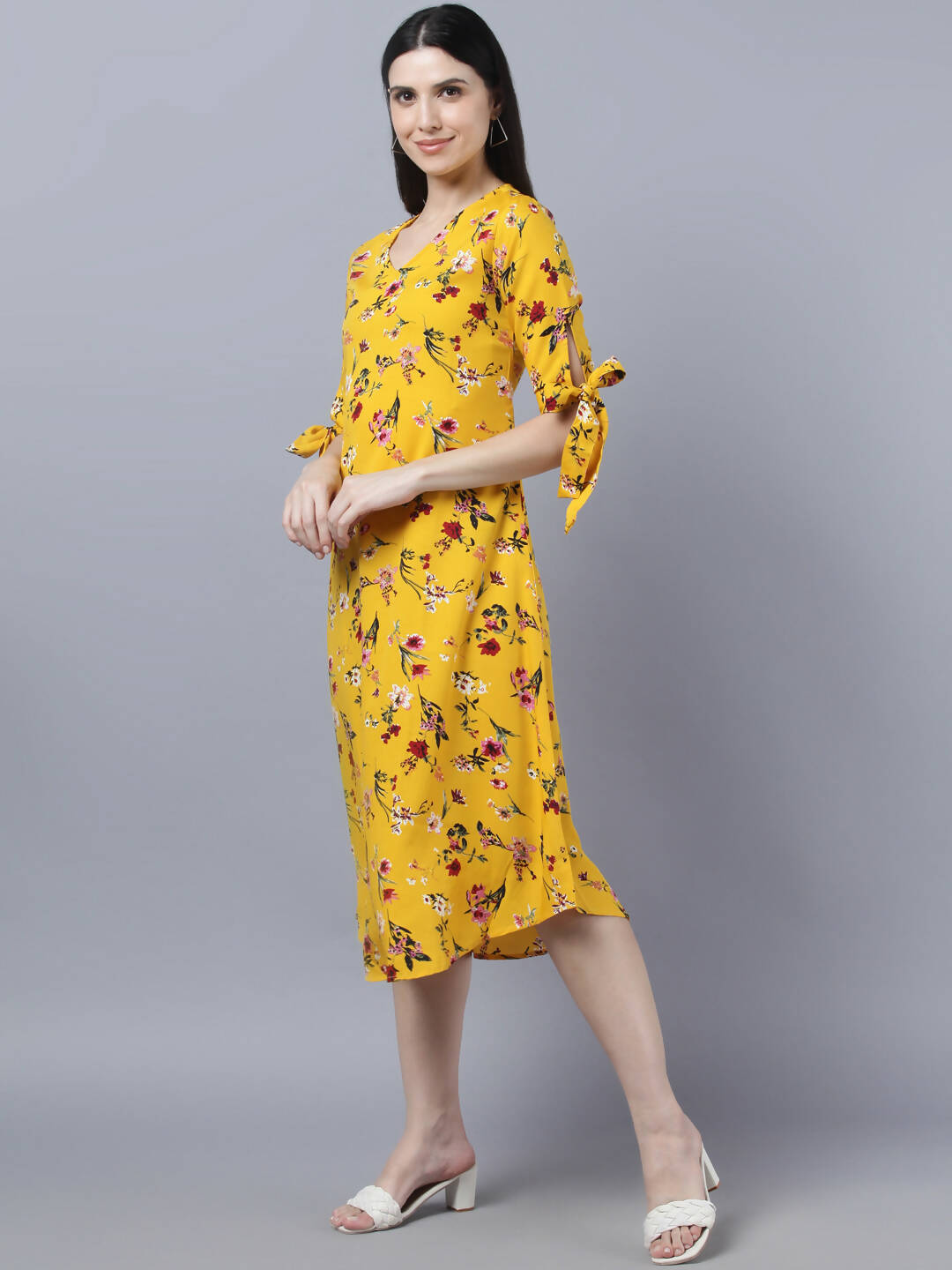 Myshka Women Yellow Floral Printed Flared Sleeves Thread Work Crepe Kurta - Distacart