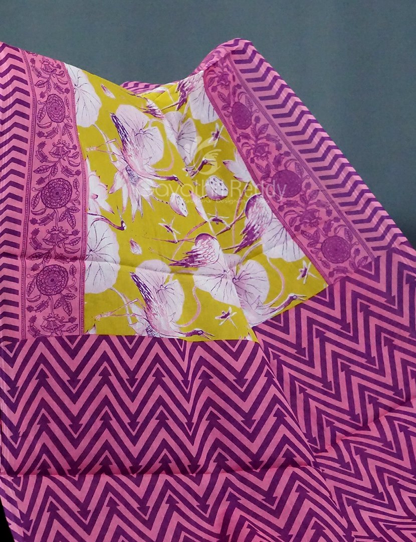 Block Print Lime Green Coloured Mulmul Cotton Saree By Gayathri Reddy Designer Studio - Distacart