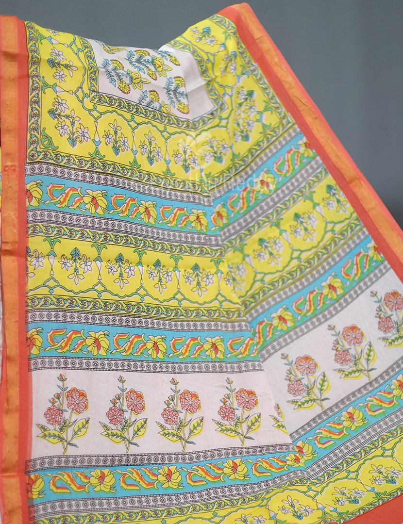 Creame Coloured Combination Printed Cotton Saree By Gayathri Reddy Designer Studio - Distacart