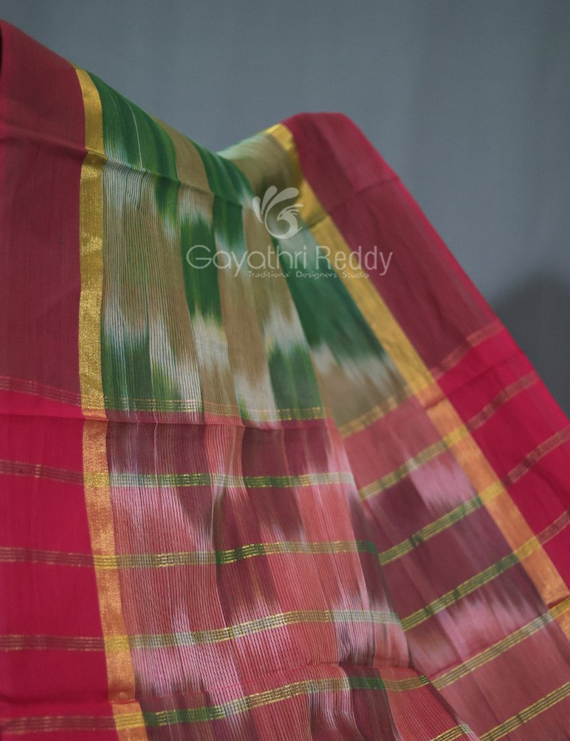 Dual Shades of Mango Green And Mustard Mangalagiri Ikkat Cotton Saree By Gayathri Reddy Designer Studio - Distacart