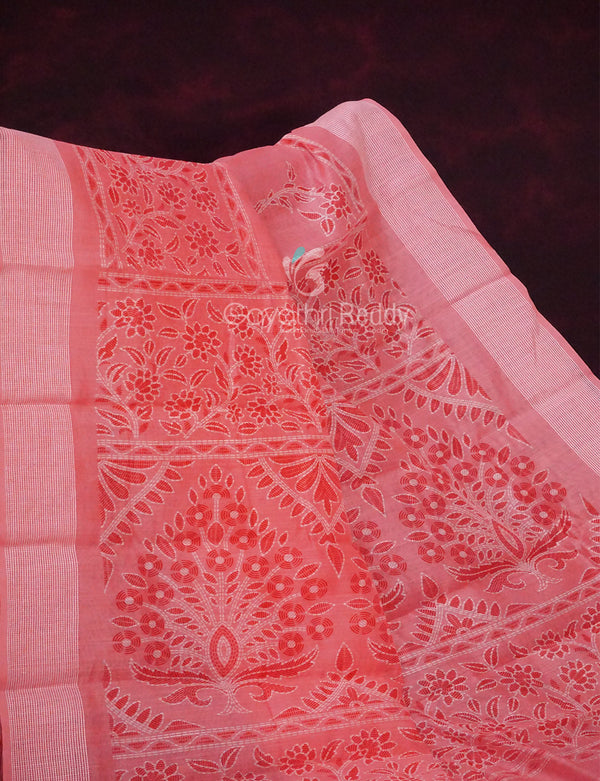 Peach Coloured Block Print Semi Chanderi Saree By Gayathri Reddy Designer Studio - Distacart