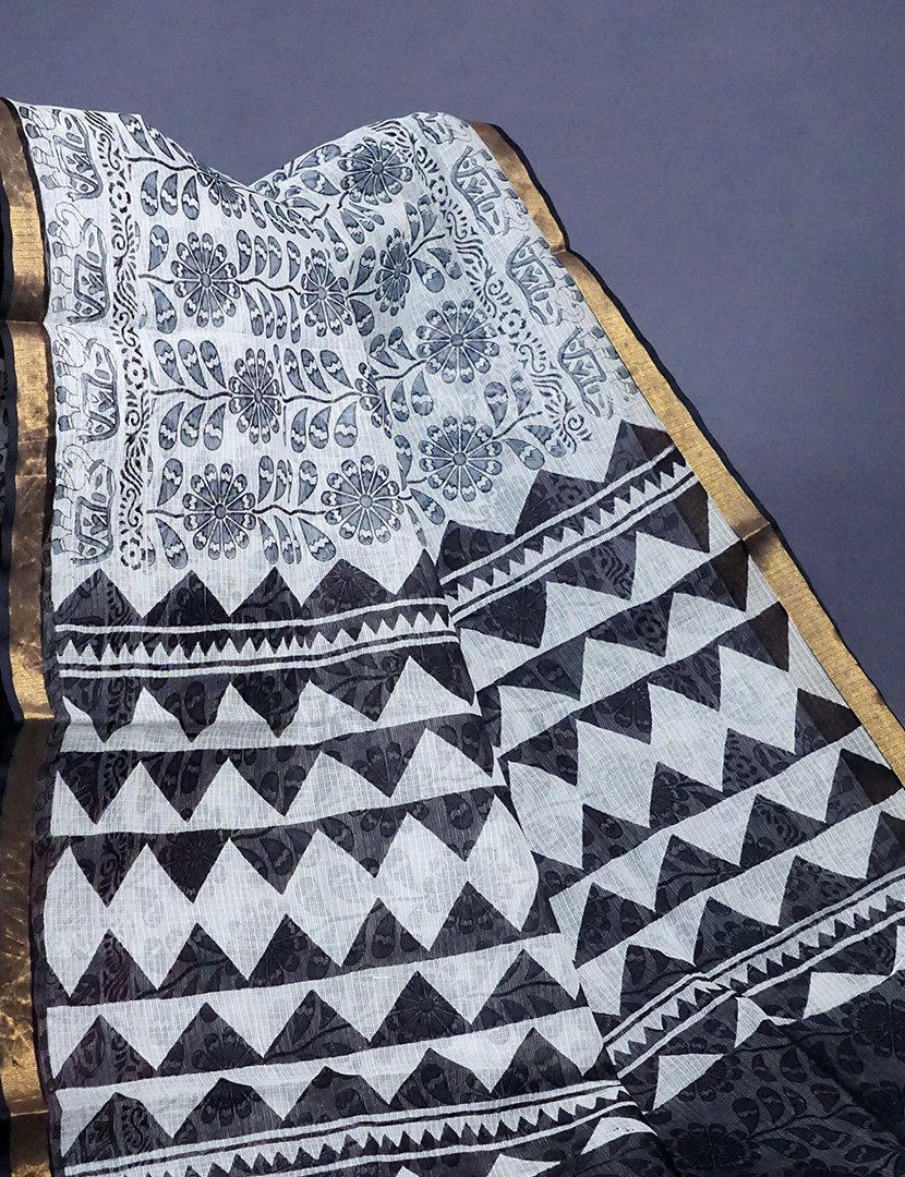 White And Grey Colour Block Print Pure Kota Cotton Saree By Gayathri Reddy Designer Studio - Distacart