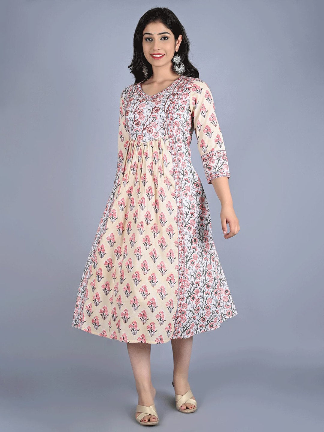 Kalini Women Beige Floral Printed Flared Sleeves Kurta - Distacart