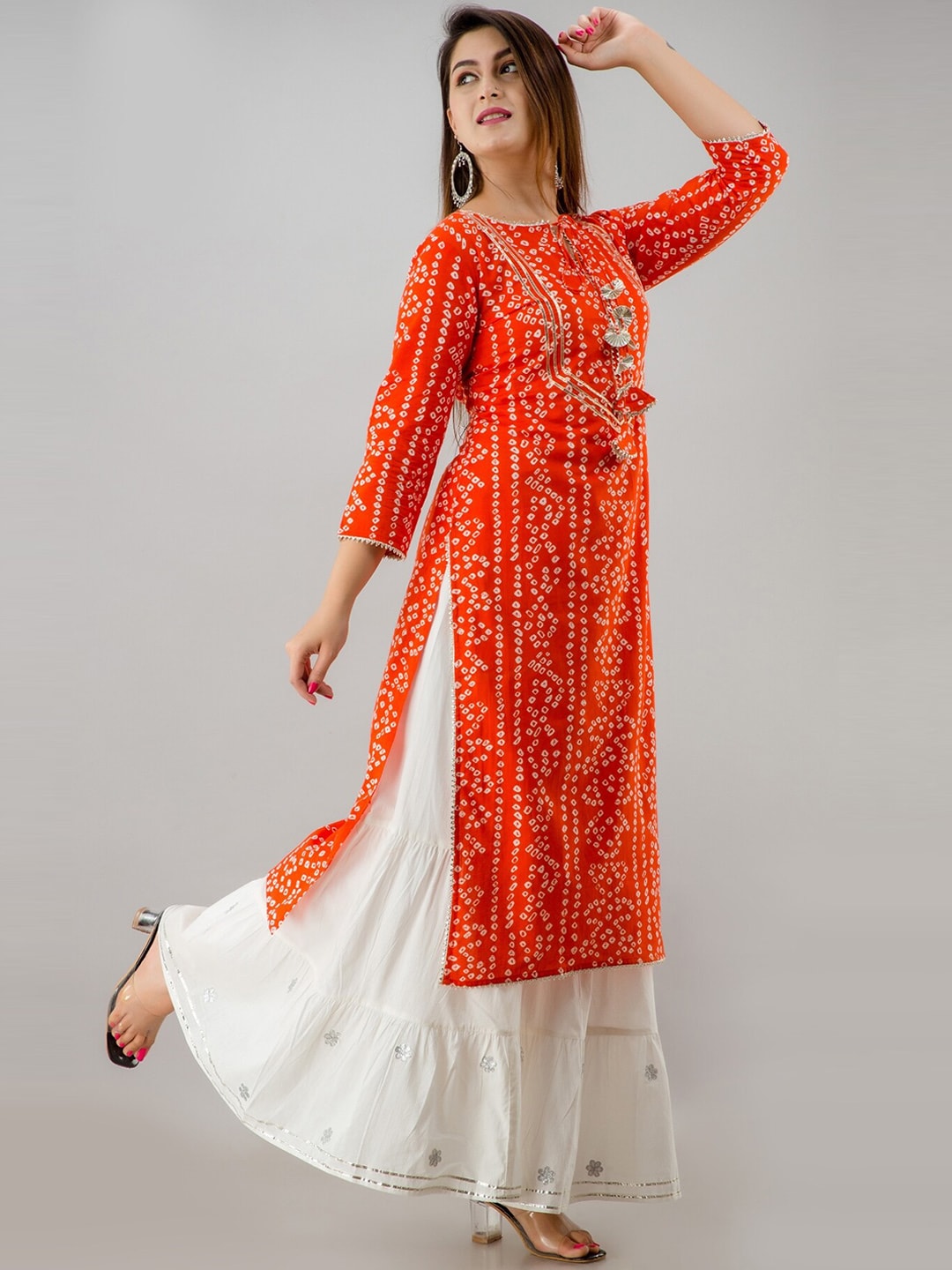 HERE&NOW Orange & White Bandhani Printed Gotta Patti Kurta with Sharara - Distacart