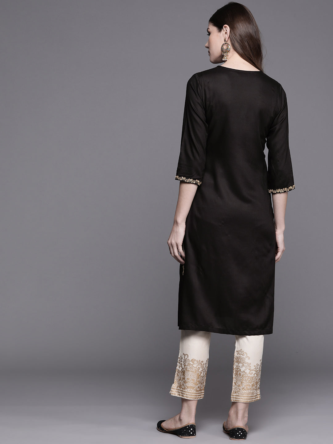 Biba Women Black & Cream-Coloured Embroidered Kurta with Trousers - Distacart