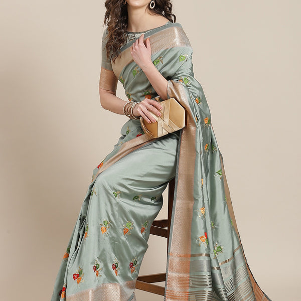 Mitera Blue Floral Embroidered Chanderi Saree - Distacart
