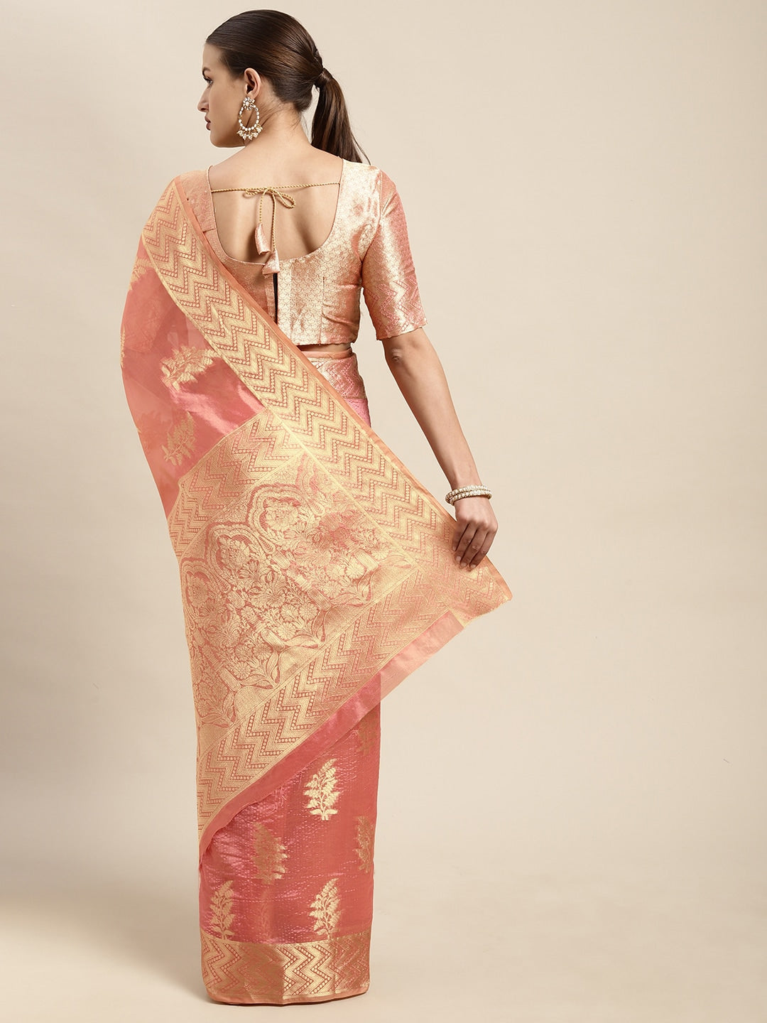 Mitera Pink & Gold-Toned Ethnic Motifs Zari Organza Kanjeevaram Saree - Distacart