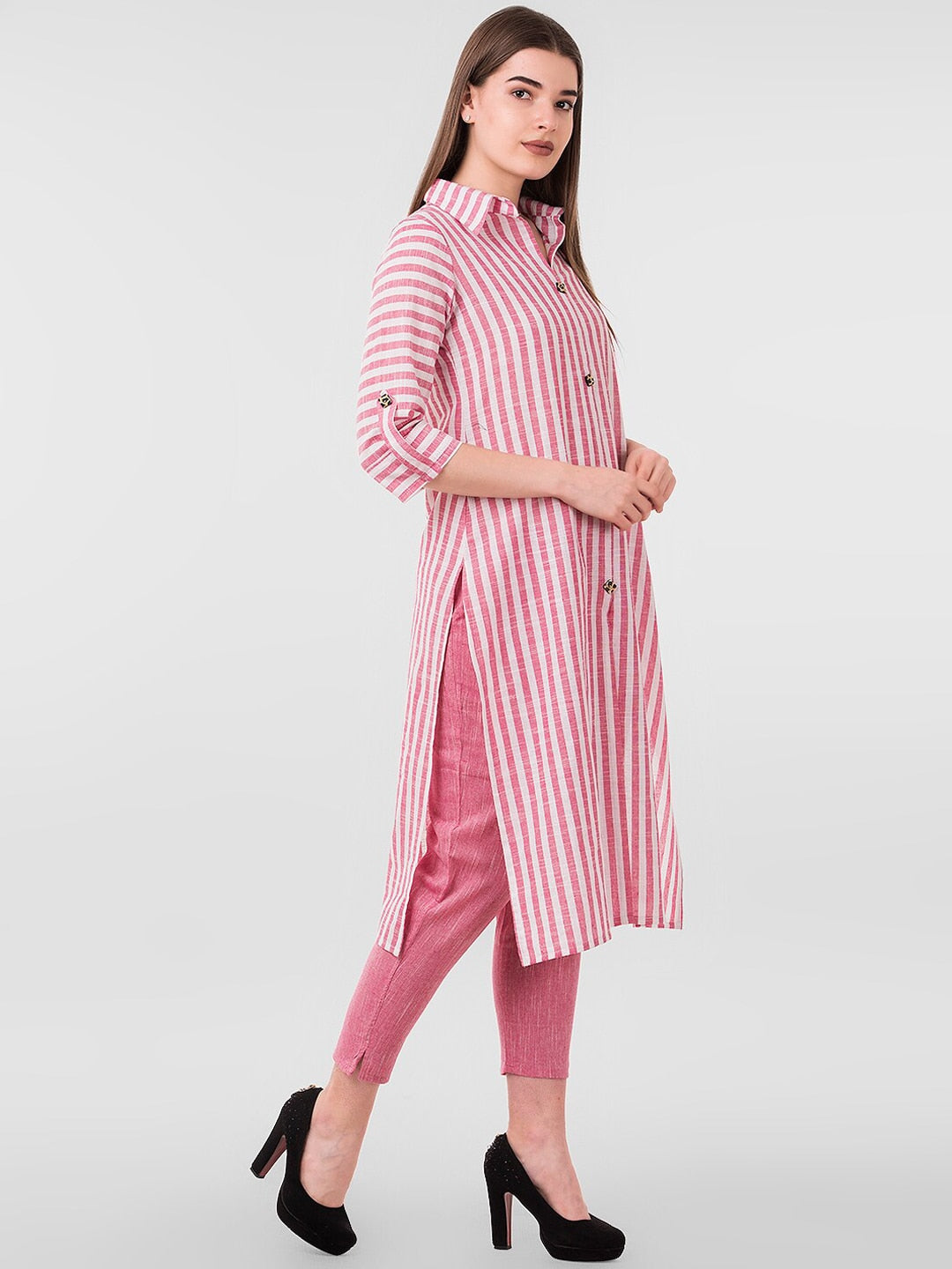 Kalini Women Pink Striped Pleated Kurta with Trousers - Distacart