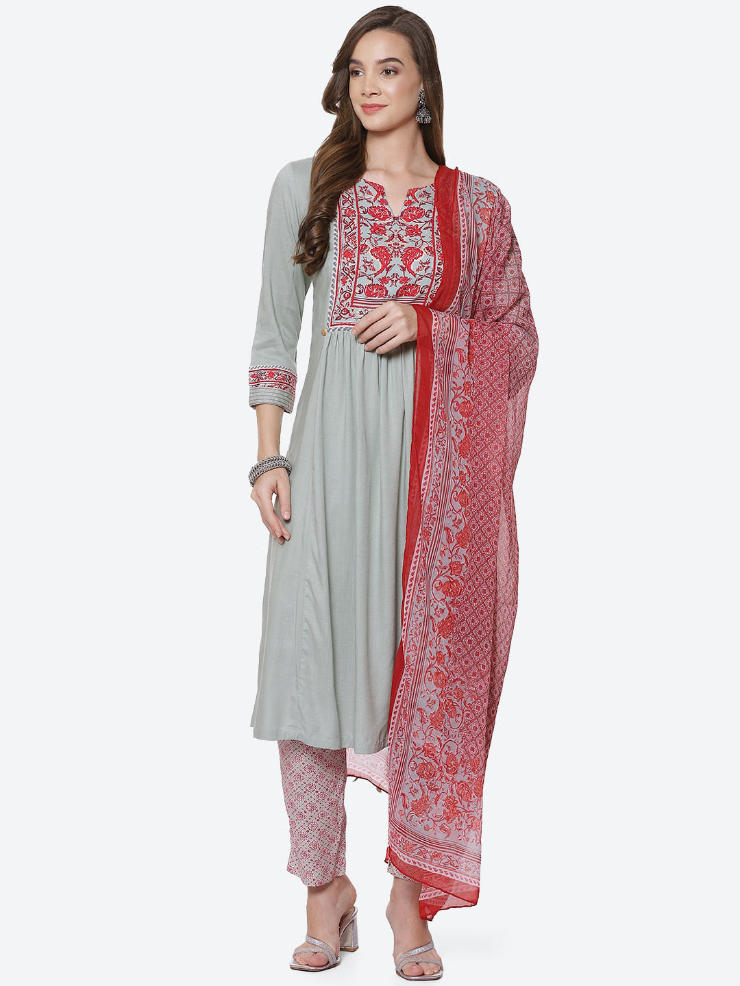 Biba Women Sea Green & Red Floral Printed Panelled Kurta with Trousers & With Dupatta - Distacart